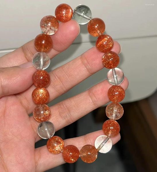 Pulsera de berilo de cuarzo y fresa de piedra solar naranja verde Natural, brazalete de mujer con cuentas redondas transparentes de Arusha de 10,2mm