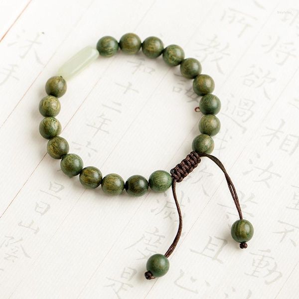 Chaîne de main de perles de bouddha de bois de santal vert naturel de brin avec de vieux matériaux Bracelet de jade de Hetian pour les hommes et les femmes