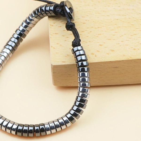 Pulsera ajustable de hematita Natural negra plana con cuentas redondas para hombre adornos de joyería de moda