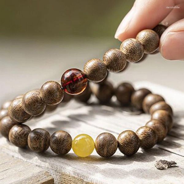 Bracelet à deux anneaux de bois d'agar de Kalimantan naturel Strand avec de la cire d'abeille ambre sanguin pour les perles rondes matériaux anciens