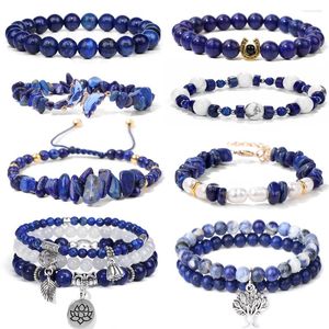 Bracelet de perles de Lapis Lazuli naturel, brin de pierre bleue, breloque irrégulière, puce de médiation, Bracelet de Yoga pour femmes et hommes