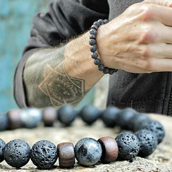 Bracelet de perles en pierre de lave naturelle, brin de perles en bois, accessoires noirs pour hommes/femmes, bijoux cadeau