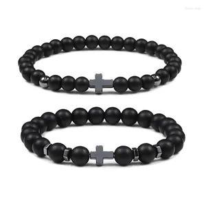 Strand Naturel Pierre De Lave Perle Bracelet Hommes Prière Méditation Hématite Croix Jésus Mince Couple Bracelets Pulsera Bijoux Cadeaux Pour Ami