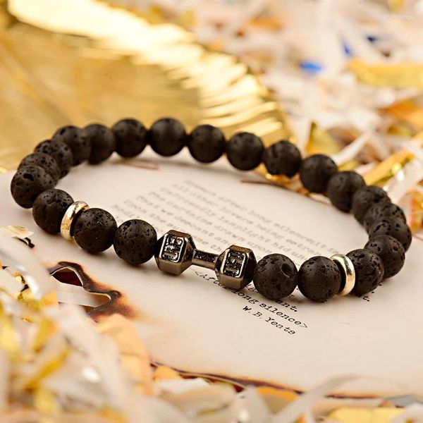 Bracelet en pierre de lave naturelle pour hommes et femmes, brin de guérison, équilibre, extensible, haltère de Yoga, élastique, Pulsera Hombre