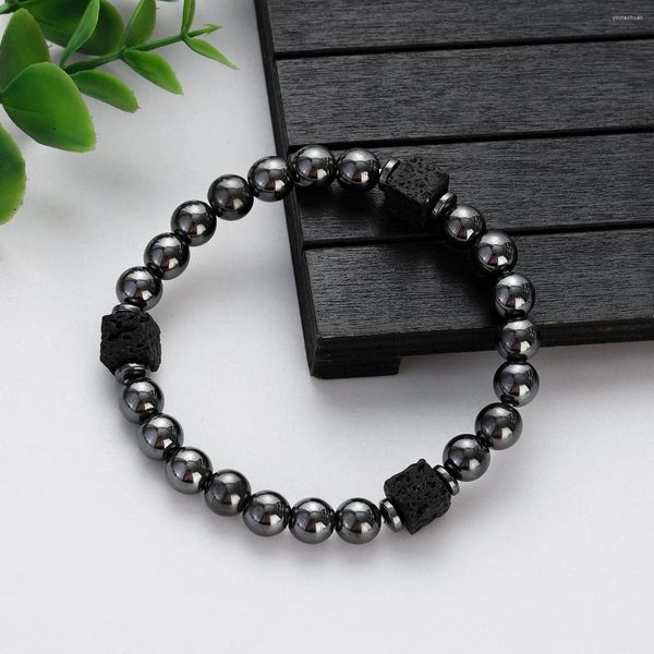 Pulsera magnética Natural de hilo, pulseras de cuentas de piedra de Lava volcánica negra, hematita para pérdida de peso, protección de la salud, joyería para hombres y mujeres