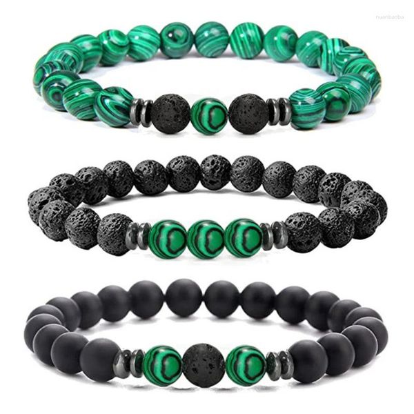 Pulsera de cuentas de malaquita natural para hombres y mujeres, pulsera de cuentas verdes elásticas geniales, accesorio negro mate