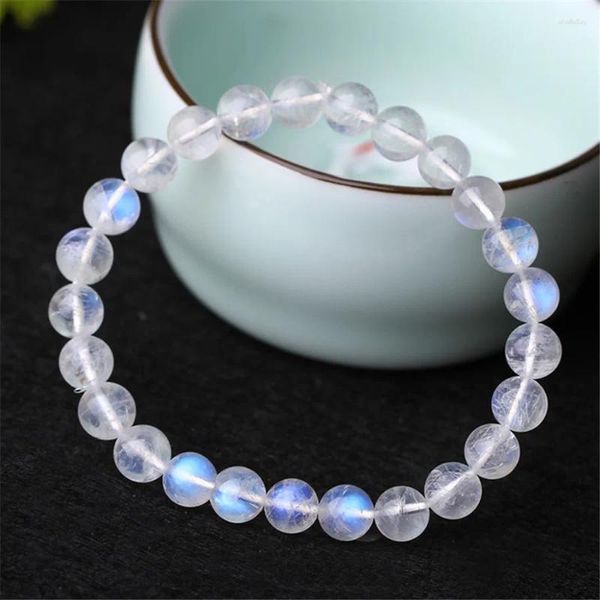 Bracelet en pierre de lune naturelle pour femmes, brin de lumière bleue, perle ronde en cristal extensible, 7mm, 8mm, 9mm, 10mm