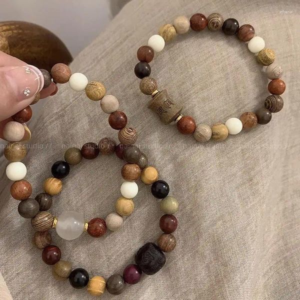 Bracelet de perles ethniques multi-pierres naturelles à brins avec mantra zen à six caractères