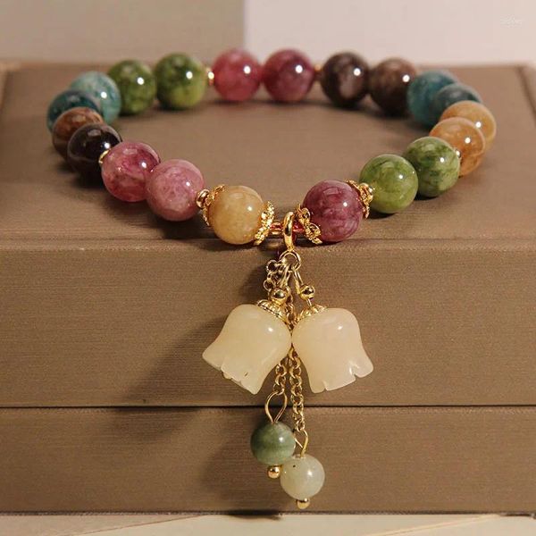 Bracelet en Tourmaline multicolore naturelle pour femmes, pendentif en fleur de muguet sculpté à la main, cadeau pour petite amie