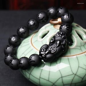 Strand Naturel Obsidienne Fengshui Pixiu Bracelet Hommes Femmes Noir Jades Brave Troupes Six-mot Mantra Perle Bracelet Chanceux Amulette Cadeau