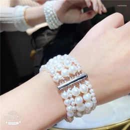 Bracciale bianco d'acqua dolce rotondo con perle naturali da 8'' a 5 file