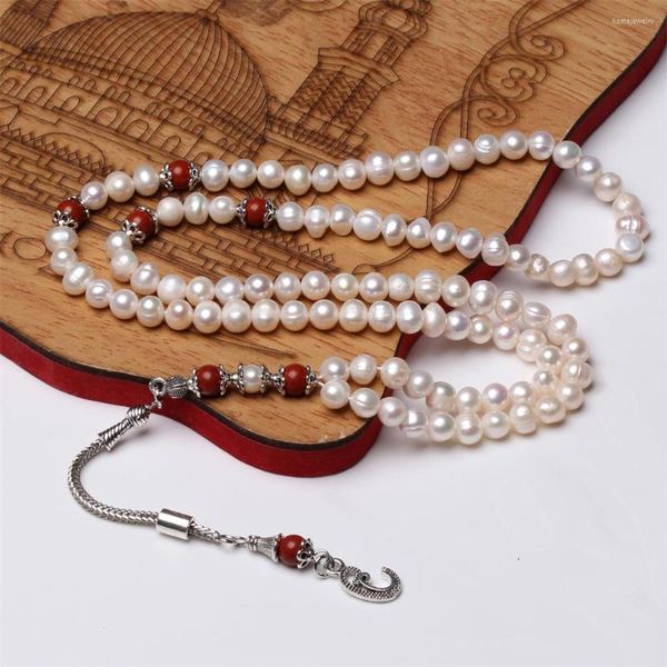 Hebra de perlas naturales Tasbih musulmán 99 cuentas de oración tamaño 6-7mm joyería islámica jaspe rojo Misbaha regalo árabe Rosario Mesbaha