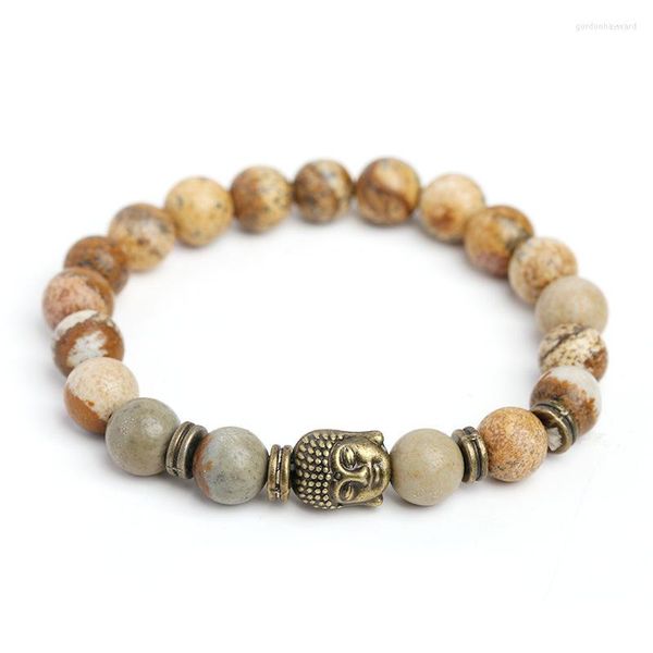 Strand Natural Picture Stone Bracelets On Hand Ancient Bronze Om Buddha Couple Fashion Jewelry Goods