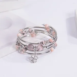 Strand natuurlijke roze zebra steen gewikkeld armband multi-ring gelaagde kralen bloem hanger kralensieraden