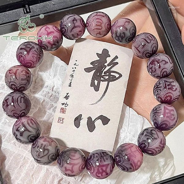 Pulsera de cuentas de raíz de Bodhi morada Natural, cuentas budistas, Rosario tallado, cadena de mano de la suerte, joyería de oración energética para hombres y mujeres