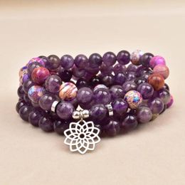 Streng natuurlijke paars kristal en roestvrij staal lotus charme kralen elastische armband 108mala yoga sieraden