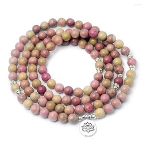 Strand Natural Rhodonite Stone Rose Pyroxene Bracelet Zen Boeddha Pearl Lotus Mahonie Mahonie Yoga Fashion sieraden Groothandel