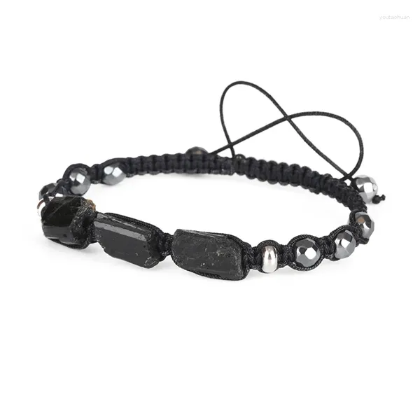 Hebra de turmalina negra Natural rugosa, cuenta de piedra curativa, hematita facetada, cuerda de nailon, pulsera de energía de macramé ajustable para hombre y mujer