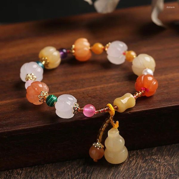 Pulsera de Jade de seda Natural, estilo de pareja, cuentas de calabaza étnicas, junta de bambú, calabaza colgante amarilla FCSL89