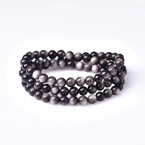 Bracelet élastique en obsidienne en argent naturel, perles rondes, bijoux en pierre de puissance faits à la main, perles de prière de guérison pour hommes et femmes