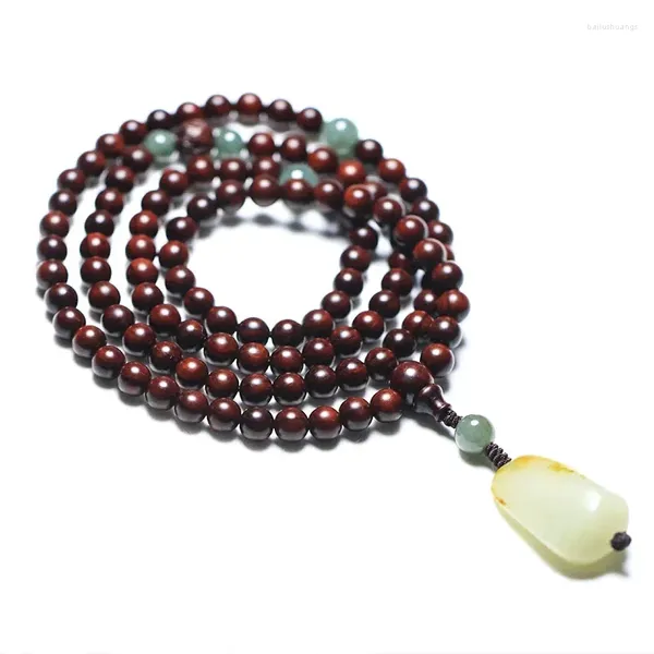 Pulsera de sándalo rojo de hoja pequeña Natural, 108 cuentas budistas, joyería tejida antigua, brazalete para hombres y mujeres, colgante de Jade