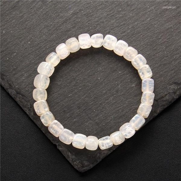 Strand Natural Smooth Cube Square Agates Beaded Bracelet para Mujeres Hombres Energy Balance Crack Stone Pulseras elásticas Brazaletes Joyería