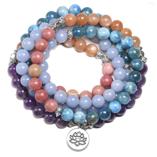 Strand Pierre Naturelle 108 Mala Bracelet Pour Hommes Angelite Apatite Sunstone 8 MM Perles Bracelets Femmes Yoga Méditation Lotus Charme Bijoux