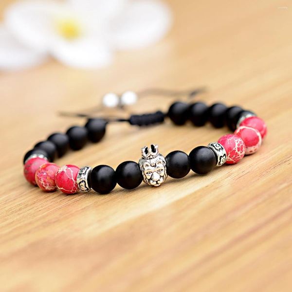 Pulsera con cuentas de piedra Natural para hombre, joyería de hematita con corona, cuerda ajustable tejida a mano, joyería de ágata curativa