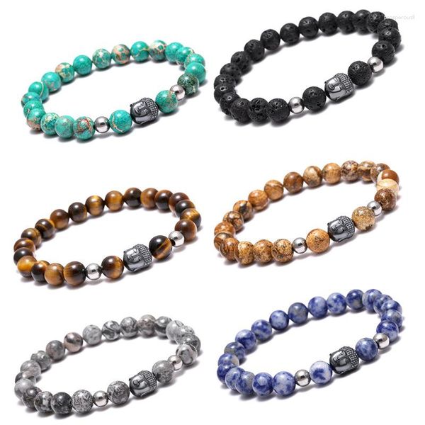 Pulsera de cuentas de piedra Natural de hilo, pulseras con dijes de Buda de Color plata antigua, brazalete para mujeres o hombres