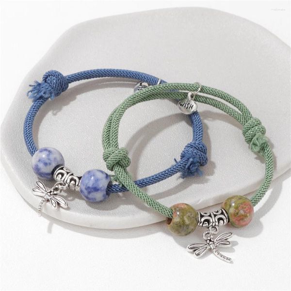 Bracelets de perles en pierre naturelle, brin de 12mm, Unakites Sodalites, breloque libellule couleur argent, bijoux simples pour femmes et hommes
