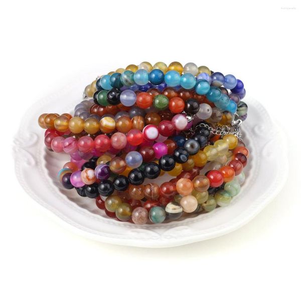 Brin Perles De Pierre Naturelle Bande Colorée Agate Main Chaîne Bracelet Charme Rond Bijoux Accessoires Cadeau 18 5cm