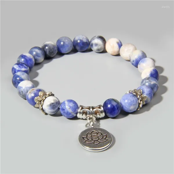 Strand Pulsera de piedra natural azules de sodalita plateado color loto pulseras de loto mujeres mala oración reiki pulsera joyas al por mayor