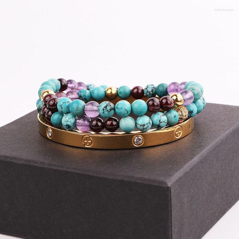 Strand Natural Stone Female CZ Pave Ball Mix Beads Elastic Bracelet Lady Jewelry Gift