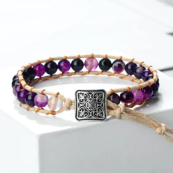 Bracelet de perles en pierre naturelle pour hommes et femmes, Design Vintage, 6mm, Agate violette et verte, enveloppe tissée à la main, bijoux de Yoga, cadeau
