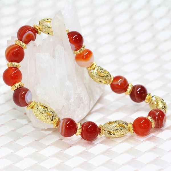 Hebra de piedra Natural, ónix, cornalina, Agat, pulsera de vena roja, redonda, 8mm, salida de fábrica, cuentas de color dorado, joyería de 7,5 pulgadas B2090