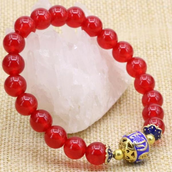 Hebra de piedra natural Calcedonia roja Jades 8 mm Cuentas redondas Brazalete Pulseras para mujeres Cloisonne de color dorado Joyería elegante 7.5 pulgadas B3167