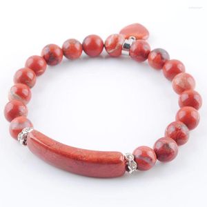 Strand Pierre Naturelle Bracelets Extensibles 8mm Ronde Rivière Rouge Jaspe Perles Bracelets Coeur Forme Charme Femmes Bijoux Amour Cadeau TK3321