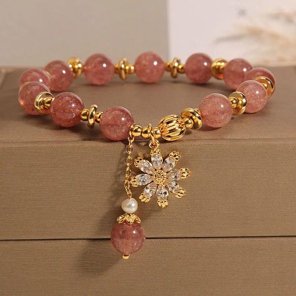 Bracelets en cristal de fraise naturelle, pendentif de fleur de marguerite pour femmes, Bracelet perlé, bijoux de fête d'anniversaire pour sœurs, cadeau