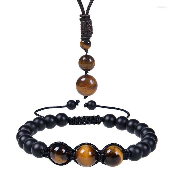 Collar con colgante de ojo de tigre natural para hombre, pulsera con cuentas de cristal de 16mm, collares de piedra de obsidiana negra, pulseras trenzadas ajustables