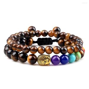 Strand Naturel Oeil De Tigre Bracelets En Pierre Ensemble Hommes Noir Onyx Lave Bouddha Perles Bracelet 7 Chakra Bracelets Femmes Prier Méditation Bijoux