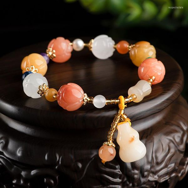 Strand Natural Topaz Gold Soie Jade Gourd Lotus Hand String Bracelet Certificat-cadeau