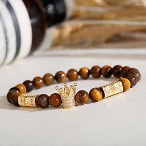 Pulsera de moda para hombre con cuentas de turquesas naturales de hebra, forma de corona de Color dorado, espaciador con incrustaciones de circón, tejido elástico a mano