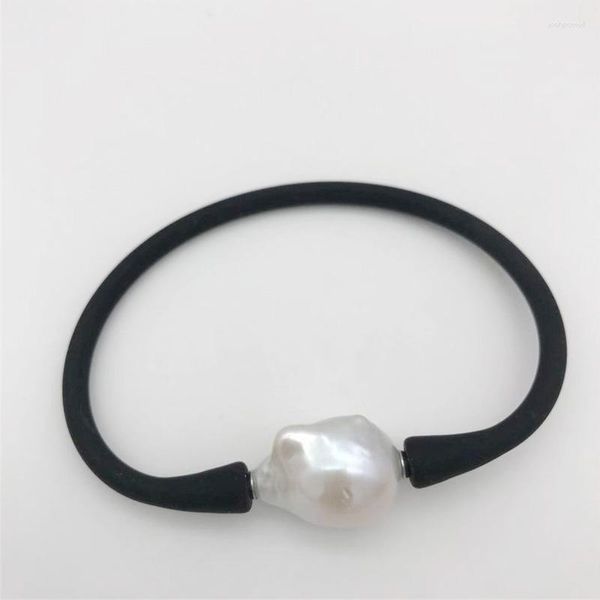 Hebra de perlas de agua dulce blancas naturales con tamaño barroco nucleado de aproximadamente 15x20 mm, pulsera de goma de 7,5