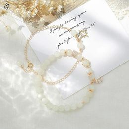 Pulsera de piedra lunar blanca Natural, accesorios de mano de cristal para mujer, decoración de cadena de Metal de doble capa DIY Simple para ropa