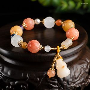 Strand Natuurlijke Xinjiang Gouden Zijde Jade Kleurrijke Kalebas Lotus Handketting Gobi Topaas Oude Stijl Gepersonaliseerde Damesarmband