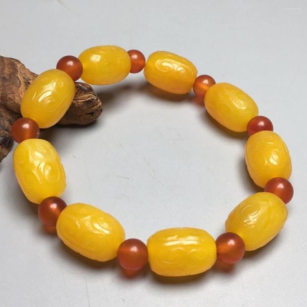 Strand Naturel Jaune Agate Bracelet Hommes Femmes Guérison Gemstone Fine Jewelry Véritable Tibétain Vieux Perles Sculpté Bracelets Bracelets