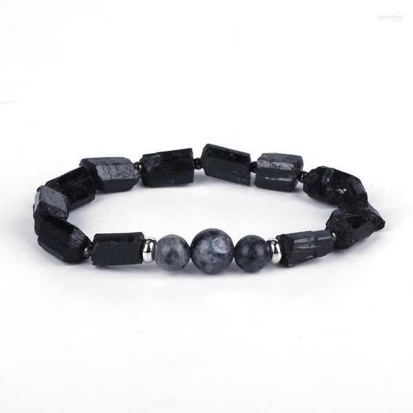 Strand Natutal Rugueux Noir Tourmaline Gris Labradorite Semi Pierre Perle Charme Unisexe Guérison Énergie Bracelet Pour Homme Femmes