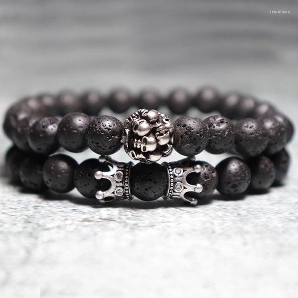 Strand Noter Hiphop Rock Pulsera de cuentas para hombre Real Piedra volcánica natural Braslet Homme Boy Gothic Skull Braclet Mirco Crystal Brazalete