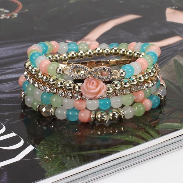 Hebra Número 8 Pulsera de cadena Bohemian Rose Flower Glass Pulseras multicapa con cuentas coloridas para mujer Brazalete Boho Jewelry