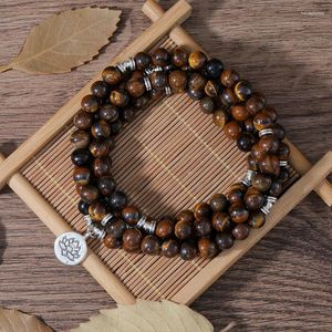 Strand OAIITE 8mm Geel Tijgeroog Armband Mannelijke Lotus Hanger Wrap 108mala Vrouwelijke Puls Reiki Balans Ketting Sieraden Gift